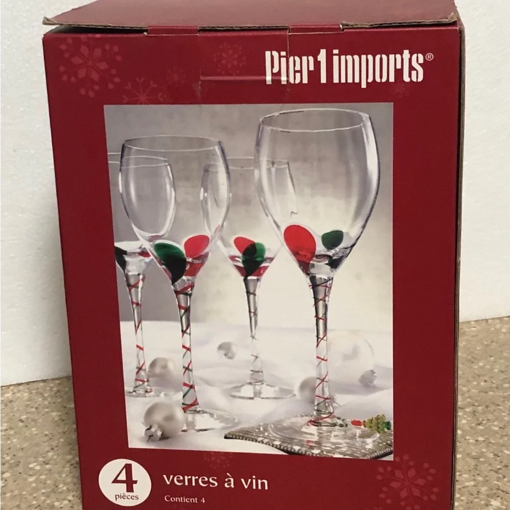 Pier 1 Imports Wine Glasses Set of 4 Red/Green Teardrop Stem Glasses